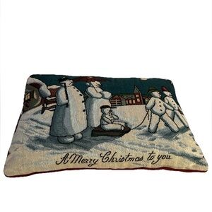 Vintage Tapestry Snowman Family Throw Pillow Merry Christmas Holiday Decor 18X12